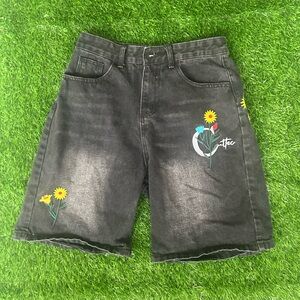 Black Denim Shorts with Floral Embroidery